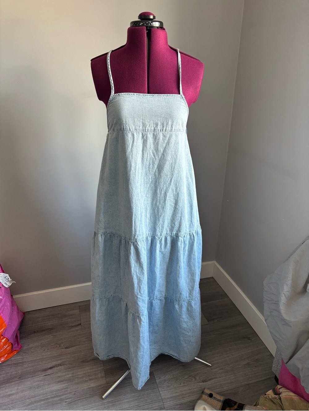 Mango Light Blue Denim Dress with Spaghetti Straps